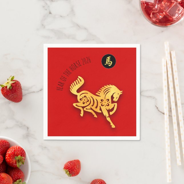 Guardanapo De Papel Red Golden Horse Papercut Chinese New Year 2026 N (Insitu)