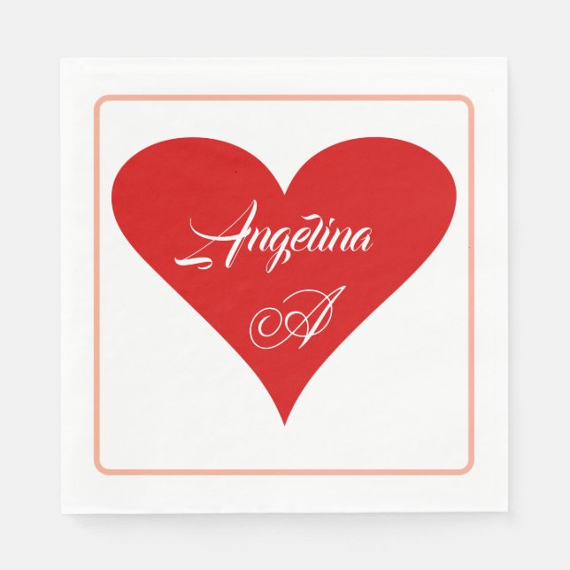Guardanapo De Papel Red Heart Love Valentine's Day Name & Monogram (Frente)