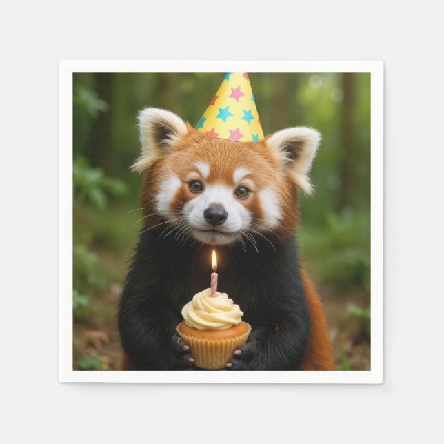 Guardanapo De Papel Red Panda Bear segurando um Cupcake de aniversário (Frente)