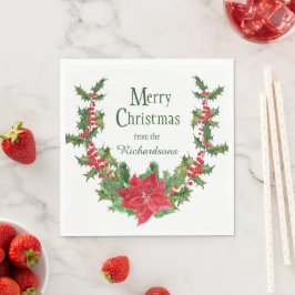 Guardanapo De Papel Red Poinsettia e Holly Berry Wreath