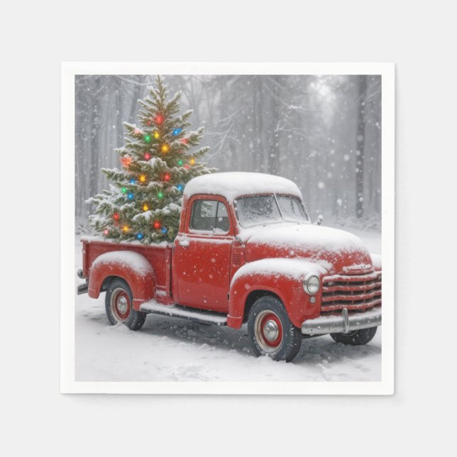Guardanapo De Papel Red Retro Truck With Christmas Tree (Frente)