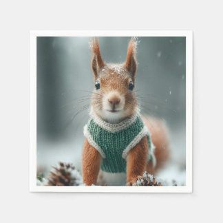 Guardanapo De Papel Red Squirrel in a Green Knitted Sweater with Text
