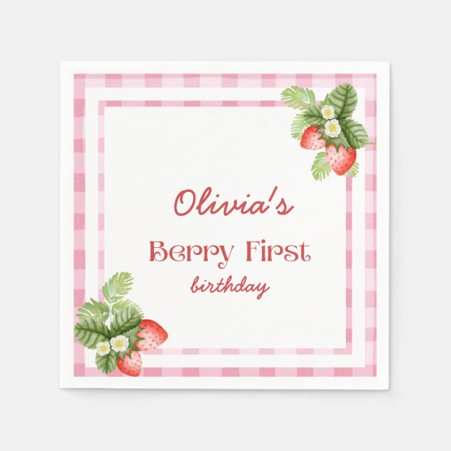 Guardanapo De Papel Red Strawberry Berry Primeiro Aniversário Obrigado (Frente)