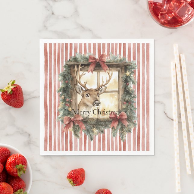 Guardanapo De Papel Red Stripes Bows Christmas Deer in Window (Insitu)