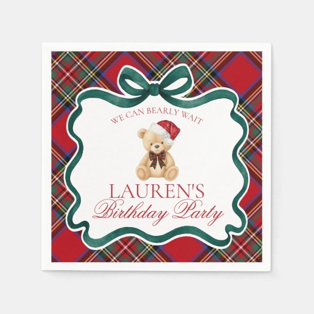 Guardanapo De Papel Red Tartan Plaid Christmas Bear Birthday Party (Frente)
