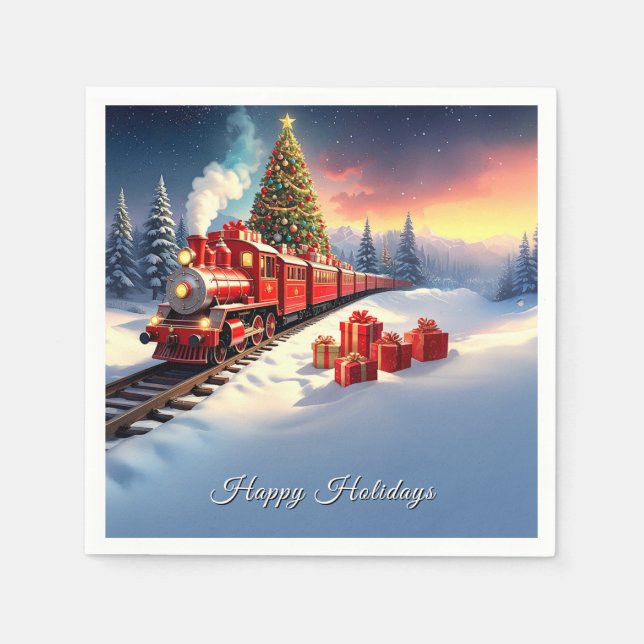 Guardanapo De Papel Red Train Christmas Tree Holiday Napkin (Frente)