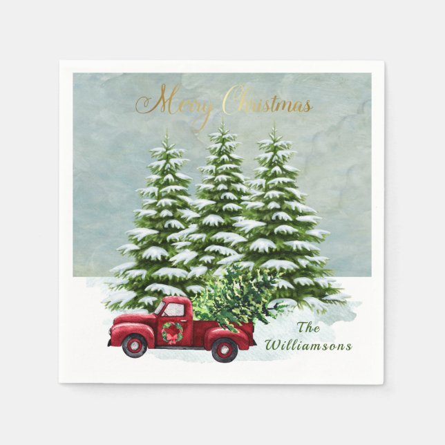 Guardanapo De Papel Red Truck Christmas Trees Snow (Frente)