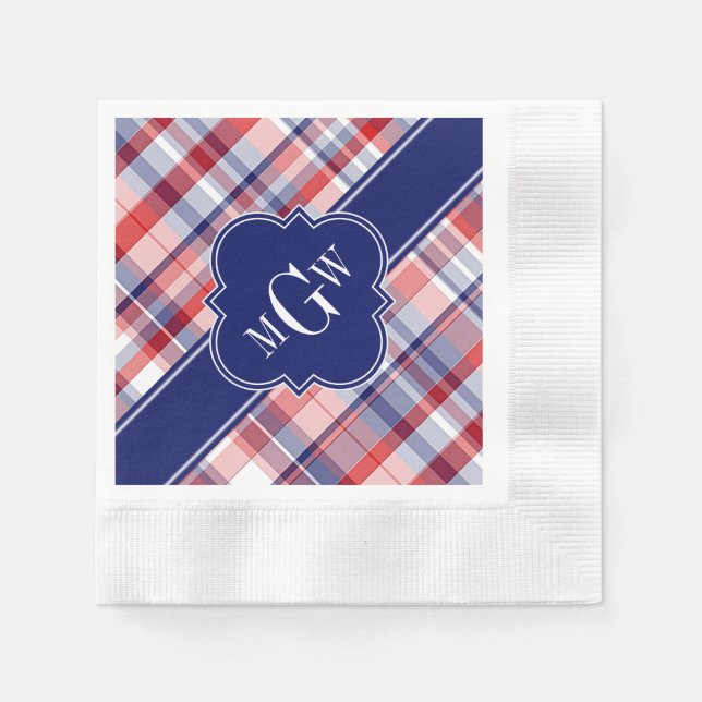 Guardanapo De Papel Red White Blue Preppy Madras Monograma (Frente)