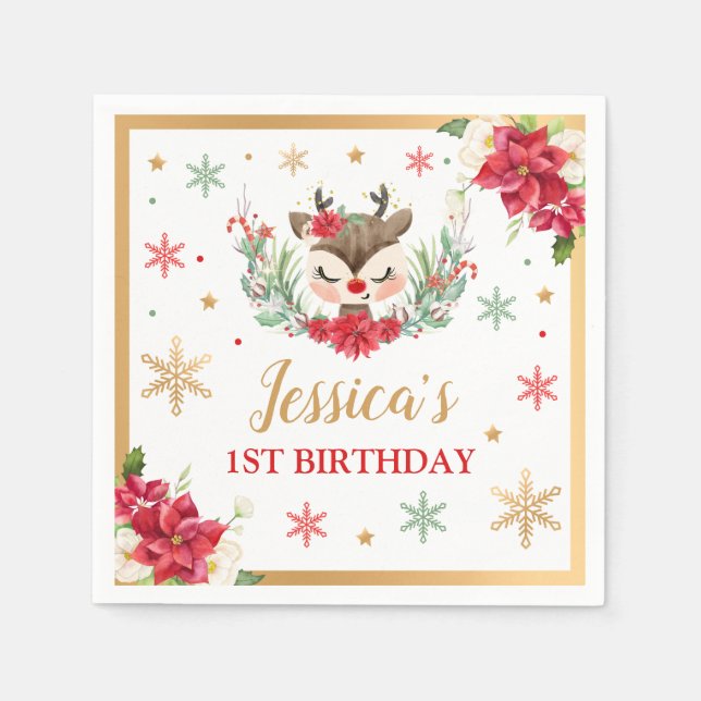 Guardanapo De Papel Reindeer primeiro aniversario de Natal Red Winter  (Frente)