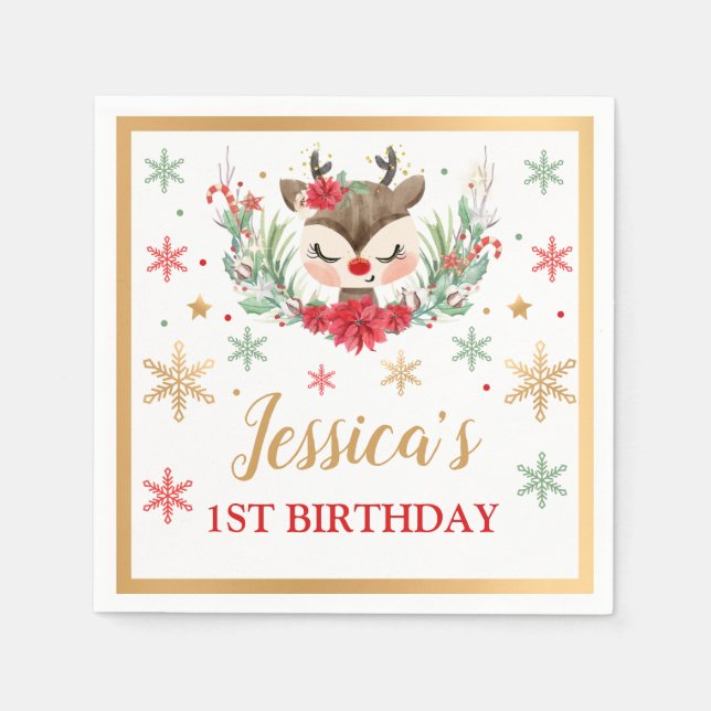 Guardanapo De Papel Reindeer primeiro aniversario de Natal Red Winter  (Frente)