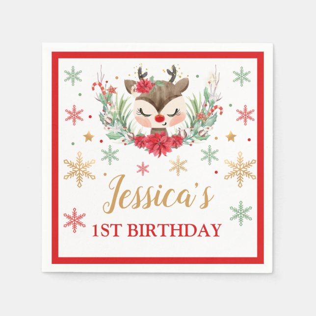 Guardanapo De Papel Reindeer primeiro aniversario de Natal Red Winter  (Frente)
