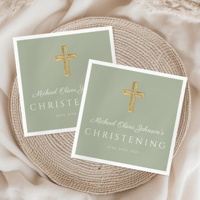Guardanapo De Papel Religião Sage Green Wood Cross Christening (Religious Sage Green Wood Cross Christening Napkins)