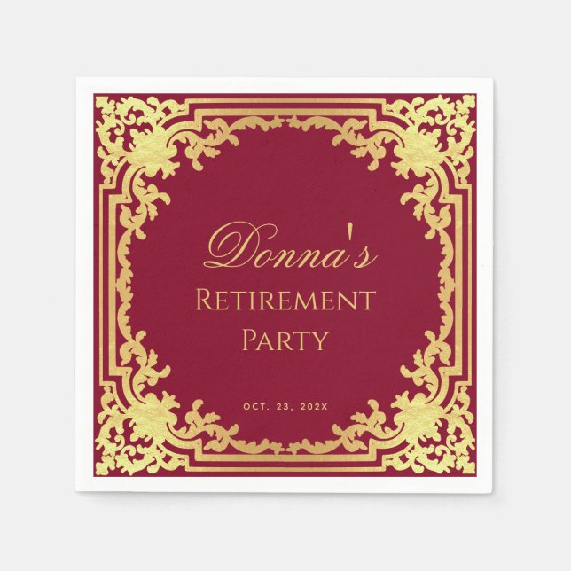 Guardanapo De Papel Retirement Party Burgundy Faux Gold Elegant Script (Frente)