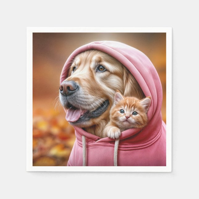 Guardanapo De Papel Retriever ouro e Kitty em Hoodie Rosa (Frente)