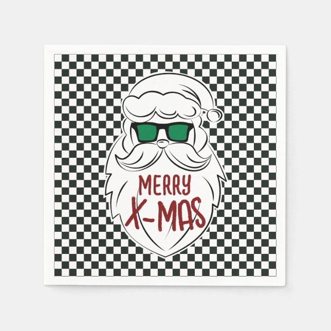 Guardanapo De Papel Retro Black White Checkered Santa Claus Christmas (Frente)