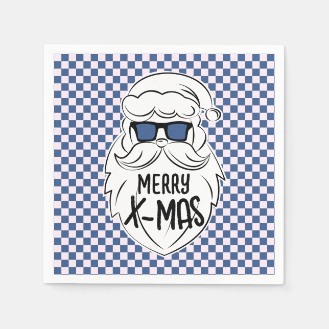 Guardanapo De Papel Retro Blue Pink Checkered Santa Claus Christmas  (Frente)