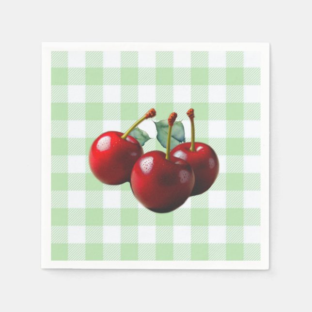Guardanapo De Papel Retro Cherries fresh picked green gingham (Frente)