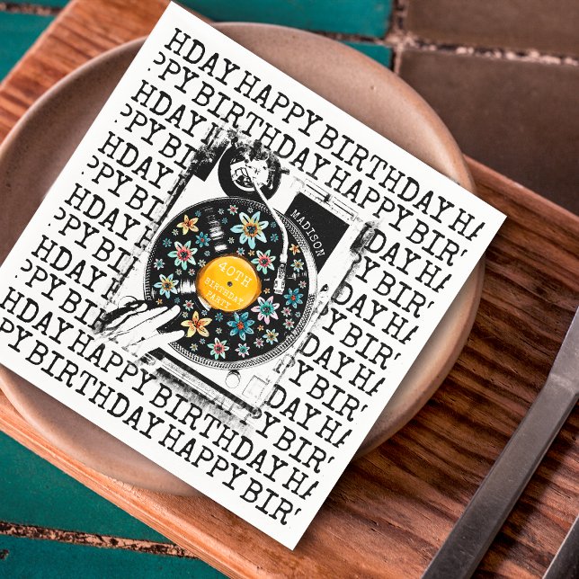 Guardanapo De Papel Retro Floral Vinyl Happy Birthday Personalizado (Criador carregado)
