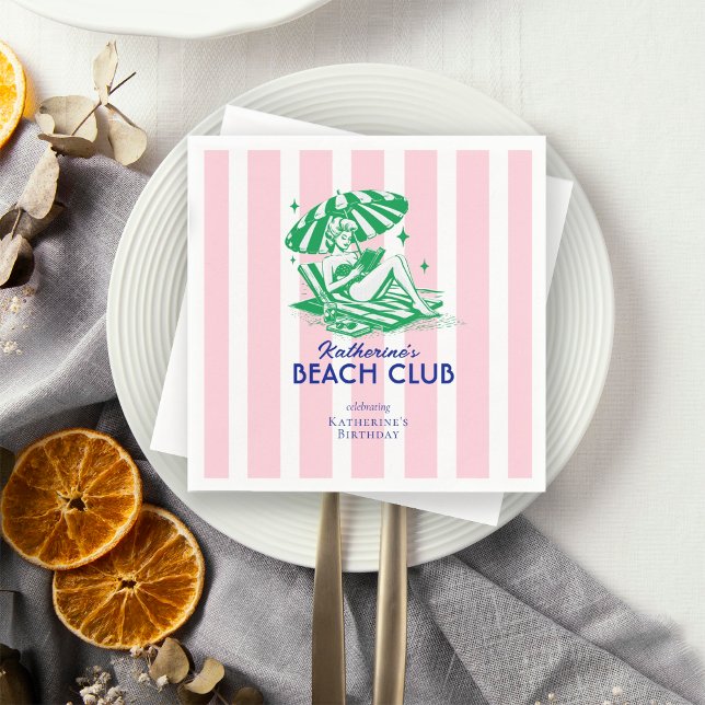 Guardanapo De Papel Retro Girl Beach Club Pink Stripes Birthday (Criador carregado)