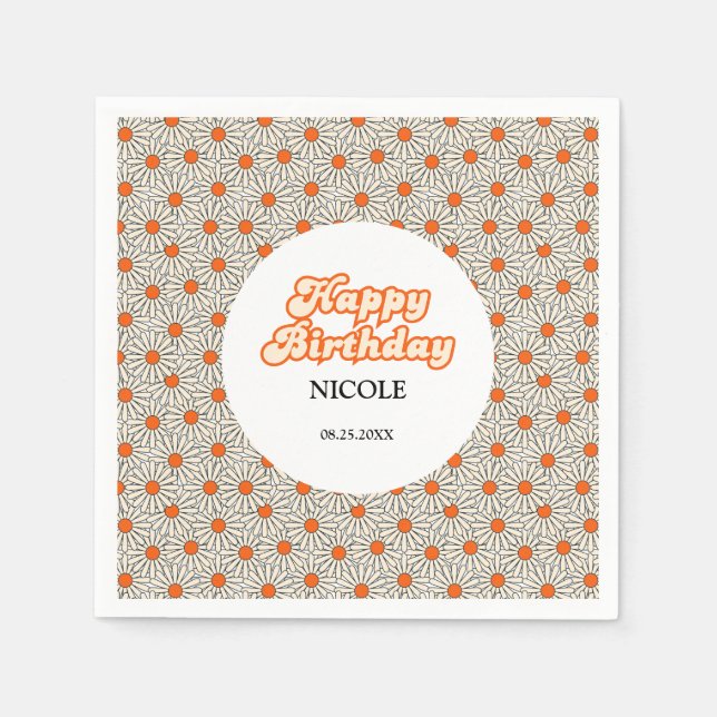 Guardanapo De Papel Retro Groovy Arch Bright Orange Daisy Birthday (Frente)