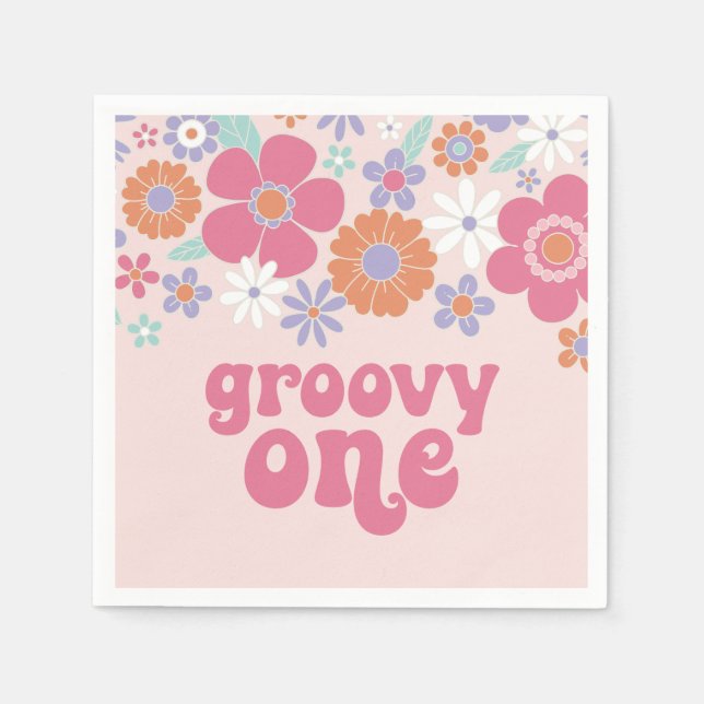 Guardanapo De Papel Retro Groovy Um Floral Rosa (Frente)