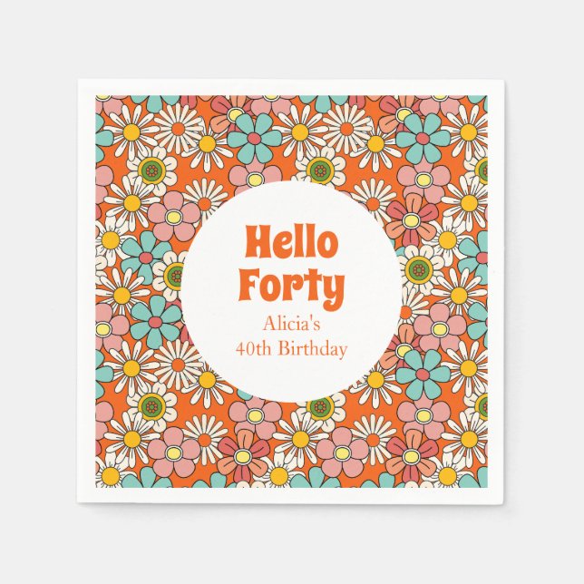Guardanapo De Papel Retro Hippie Groovy Flower Hello Quarty Birthday (Frente)