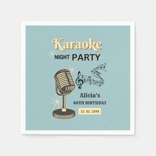 Guardanapo De Papel Retro Karaoke Noite Party Teal & Cream Birthday (Frente)