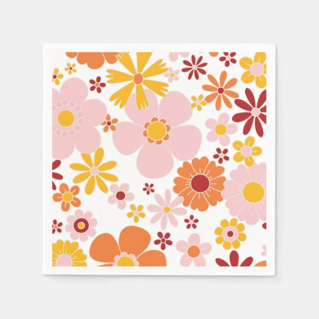 Guardanapo De Papel Retro Laranja Floral rosa Aniversário (Frente)