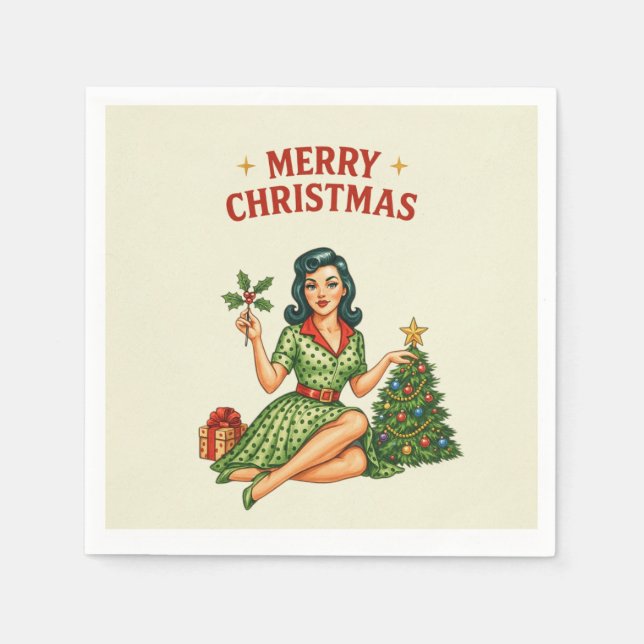 Guardanapo de papel retrô Pin-Up de Natal Alegre  (Frente)