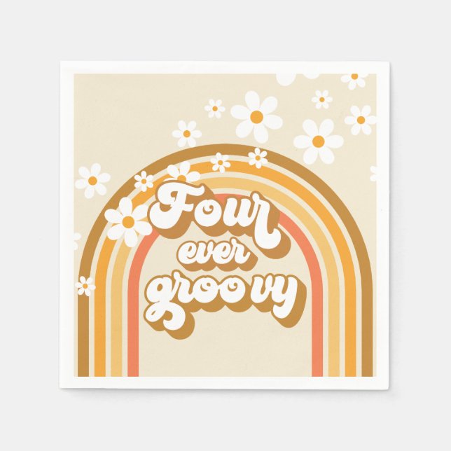 Guardanapo De Papel Retro Rainbow Four Ever Groovy 4th Birthday (Frente)
