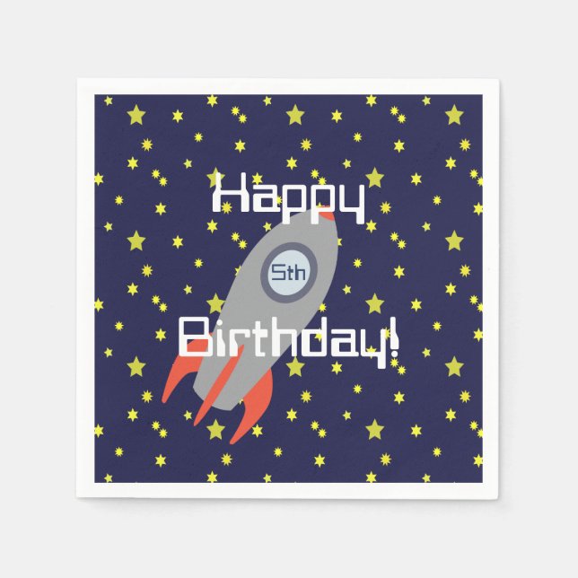 Guardanapo De Papel Retro Rocket Ship e Stars Feliz Aniversário (Frente)