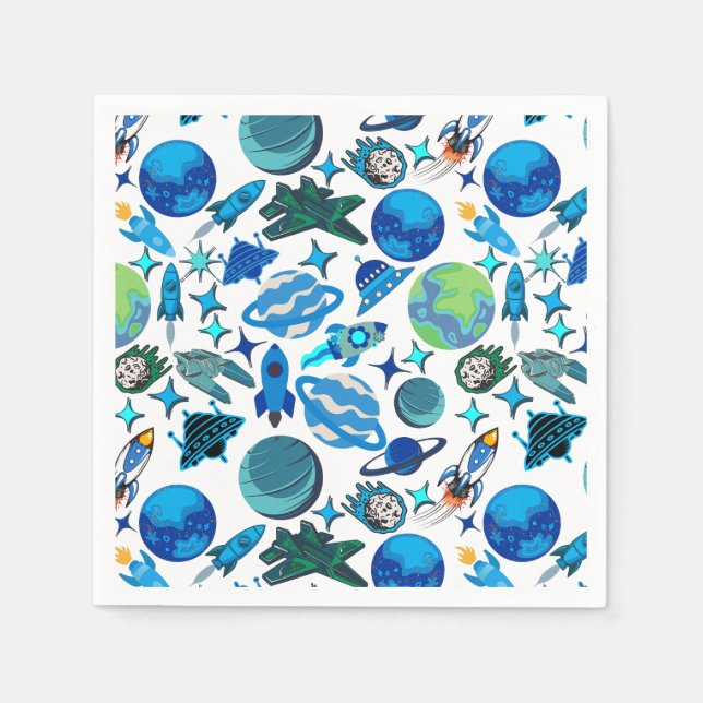 Guardanapo De Papel Retro Rockets no espaço. BG branco (Frente)