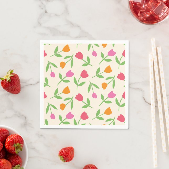 Guardanapo De Papel Retro Tulip Flowers pattern in orange pink and red (Insitu)