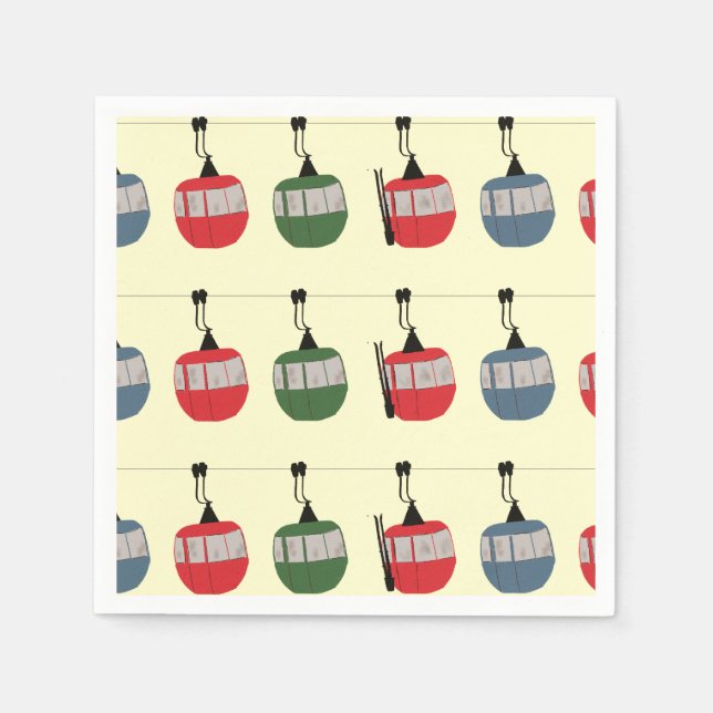 Guardanapo De Papel Retro Winter Ski Gondola Lift Skiers Cream (Frente)