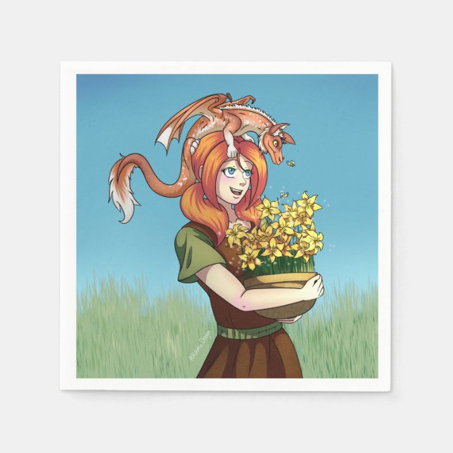 Guardanapo De Papel Reunindo Flores com um Dragão (Frente)