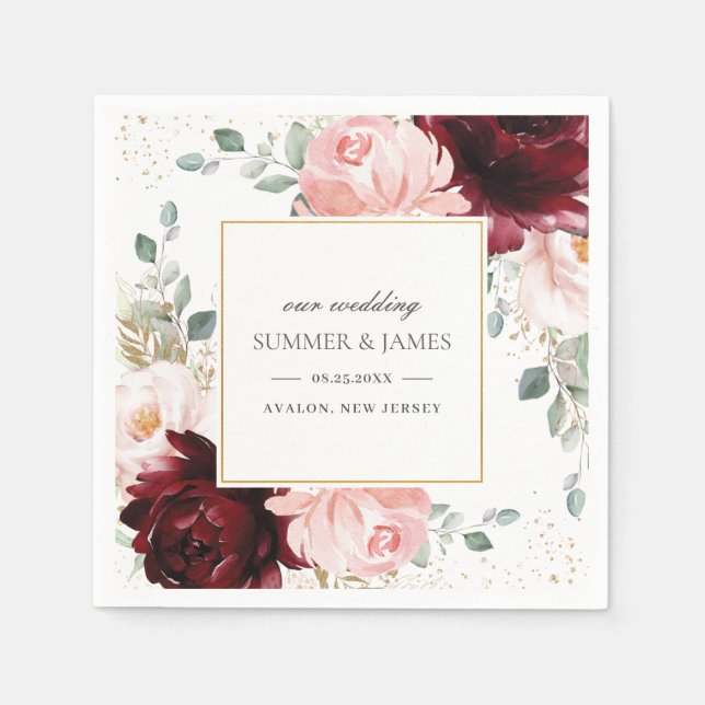 Guardanapo De Papel Rich Burgundy Blush Pink Floral Square (Frente)