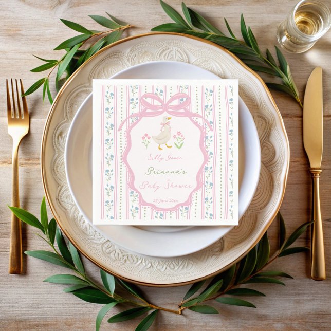 Guardanapo De Papel Rimas infantis do ganso rosa meninas chá de bebê p (Goose nursery rhymes pink bow ribbon preppy girls baby shower custom napkins personalized decor)