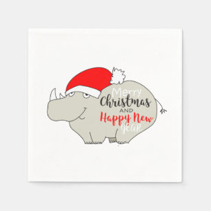 Guardanapo De Papel Rinoceronte fofo de Natal com chapéu de Papai Noel