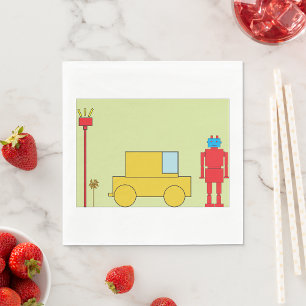 Guardanapo De Papel Robô Geométrico Retro e Carro Amarelo