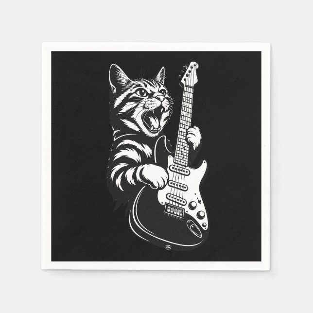 Guardanapo De Papel Rock Cat Playing Electric Guitar | Cool Music Love (Frente)