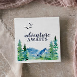 Guardanapo De Papel Rocky Mountain Adventure Aguarda Chá de fraldas<br><div class="desc">Esta aventura rochosa da montanha aguarda guardanapos de chá de fraldas são perfeitos para um evento ao ar livre. O design apresenta uma paisagem de natureza selvagem pintada,  azul e verde,  com pinheiros de aquarela,  pássaros e montanhas.</div>