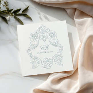 Guardanapo De Papel Rococo Crest Monograma Dusty Blue WedLogo