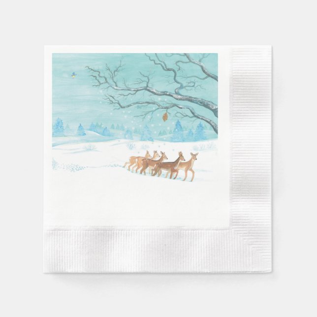 Guardanapo De Papel Roe Deer na floresta de inverno coberta de neve (Frente)