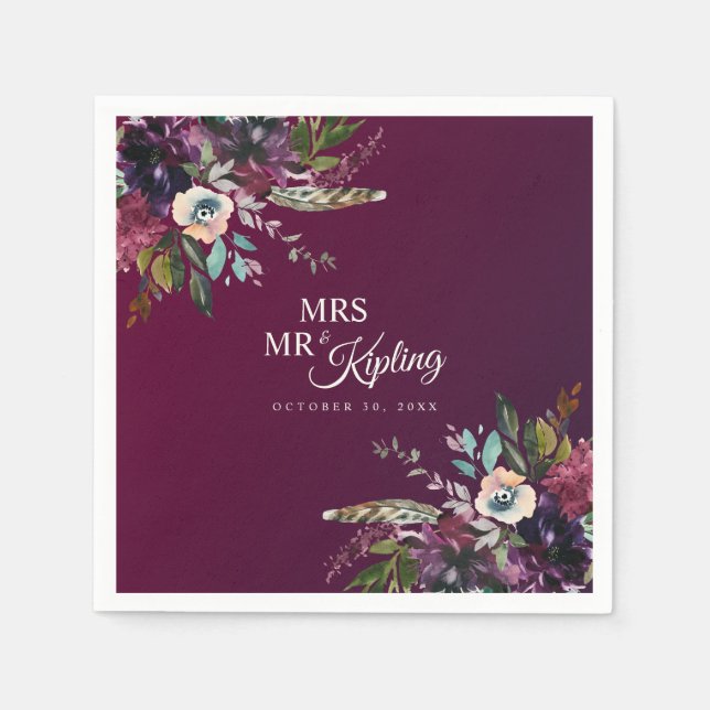 Guardanapo De Papel Romantic Burgundy Floral Sr. & Sra. Wedding (Frente)