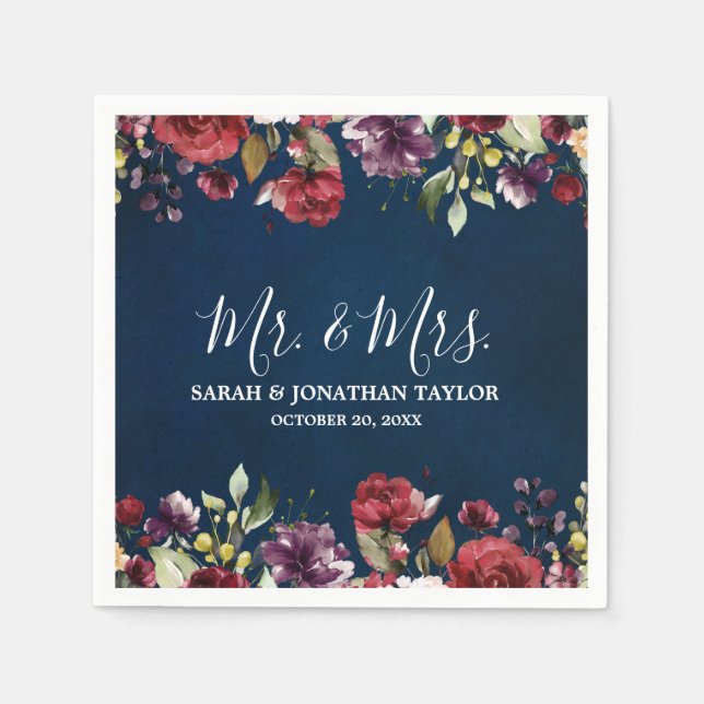 Guardanapo De Papel Romântica Aquarela Burgundy Marinho Vermelho Flora (Frente)