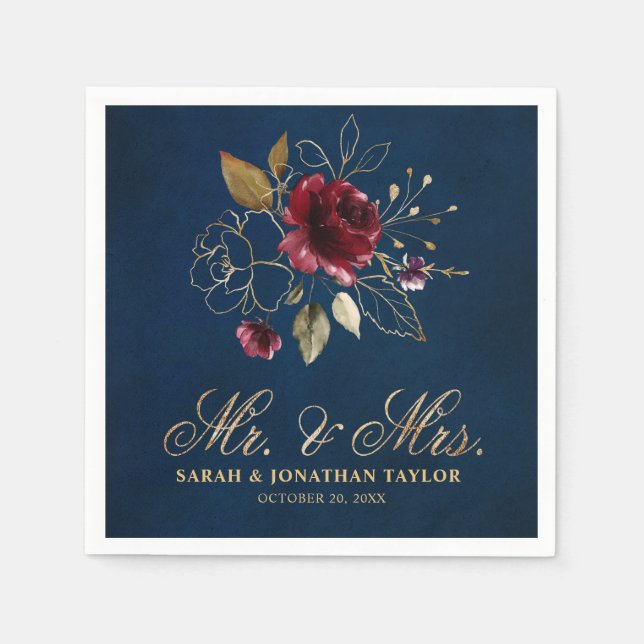 Guardanapo De Papel Romântica Aquarela Burgundy Marinho Vermelho Flora (Frente)