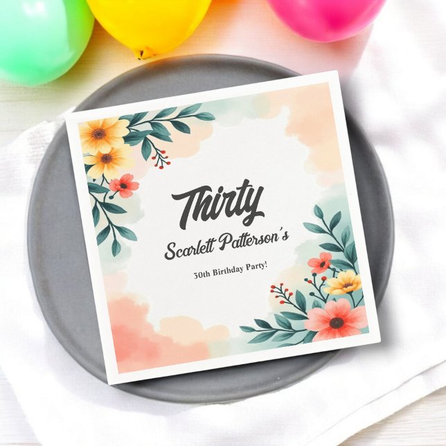 Guardanapo De Papel Romântica Aquarela Floral aniversário de 30 anos (Criador carregado)