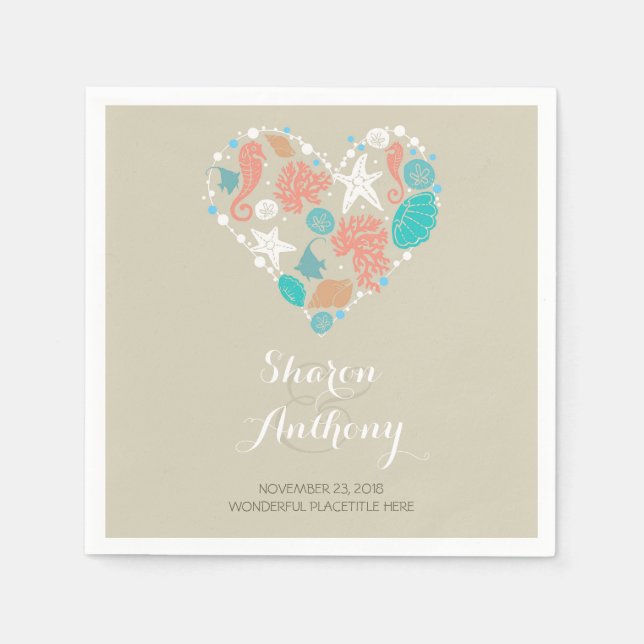 Guardanapo De Papel Romântica Beach Heart Weding Paper Napkins (Frente)