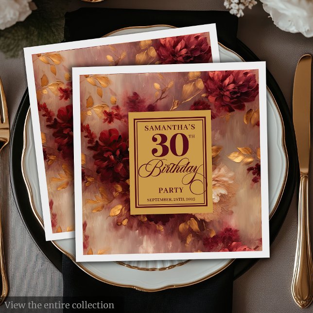 Guardanapo De Papel Romântica Borgonha Blush Dourado Boho aniversário  (Romantic Burgundy Blush Gold Boho 30th Birthday)