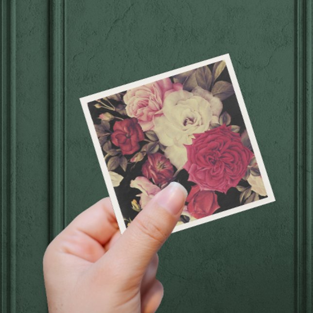 Guardanapo De Papel Romântica Casamento Floral de Moody Black (This lovely wedding napkin features lush blooms on an elegant black background.)